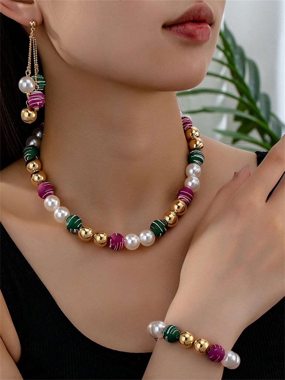Gold, Green & Purple Beaded Statement Necklace — Modern Pearl Accent